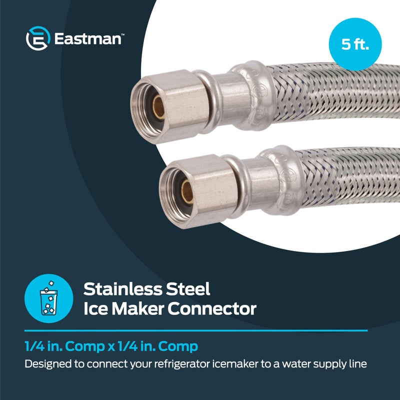 Eastman 5 Feet Flexible Ice Maker Connector, 1/4 Inch x 1/4 Inch Compression Connection, Braided Stainless Steel with Nickel-Plated Brass Nuts, 41033 - Image 2